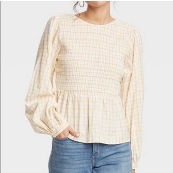 Universal Thread Yellow Plaid Smocked Top Blouse Small - Picture 1 of 4